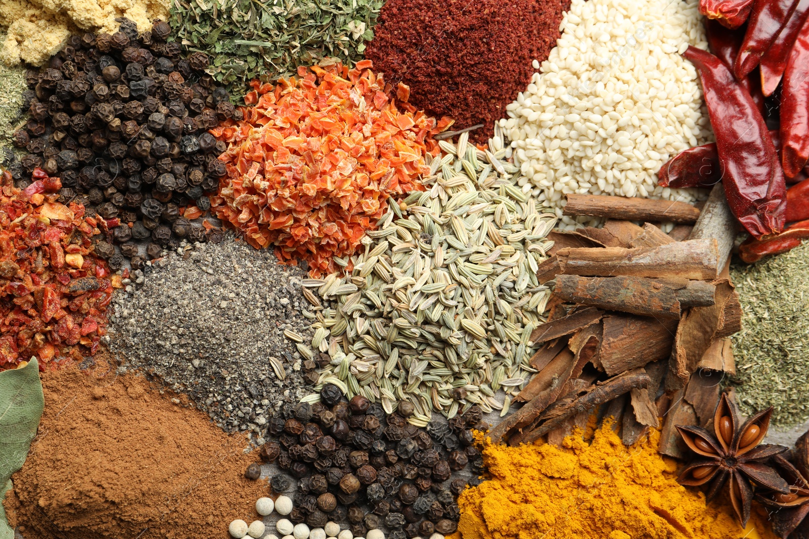 Many different spices as background, top view Photo of Many different spices as background, top view