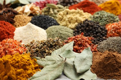 Photo of Many different spices as background, closeup view