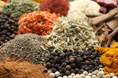 Photo of Many different spices as background, closeup view