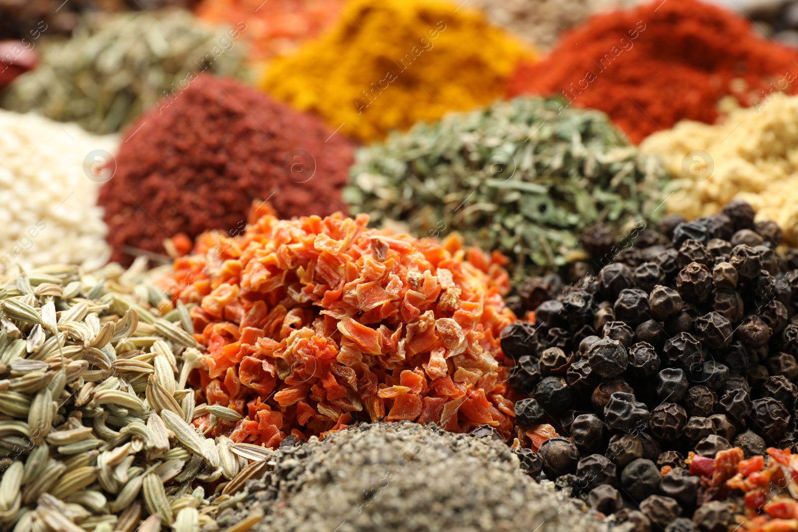 Many different spices as background, closeup view Photo of Many different spices as background, closeup view