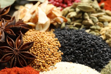 Photo of Many different spices as background, closeup view