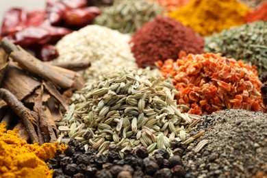 Photo of Many different spices as background, closeup view