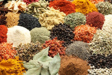 Photo of Many different spices as background, above view
