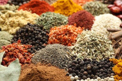 Photo of Many different spices as background, closeup view