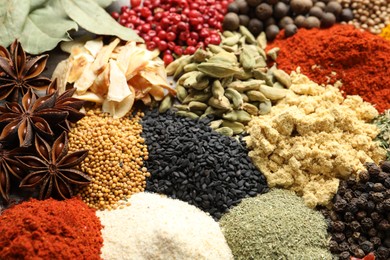 Photo of Many different spices as background, above view