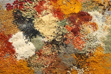 Photo of Many different spices as background, top view