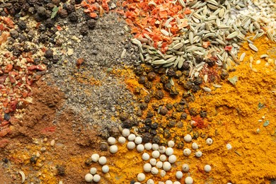 Photo of Many different spices as background, top view