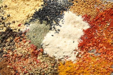Photo of Many different spices as background, top view