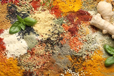 Photo of Many different spices as background, top view