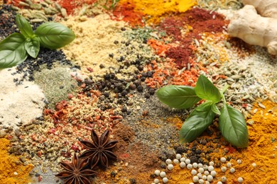 Photo of Many different spices on table, above view