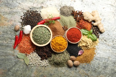 Photo of Many different spices on grey table, flat lay