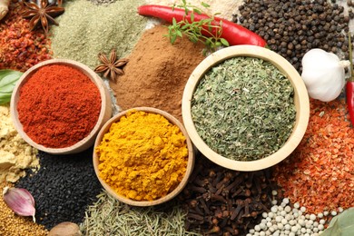 Photo of Many different spices as background, top view