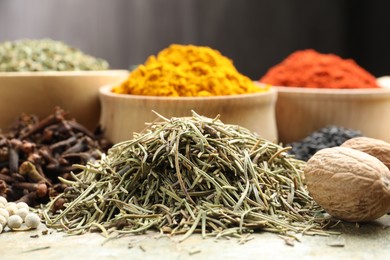 Photo of Many different spices on grey table, closeup