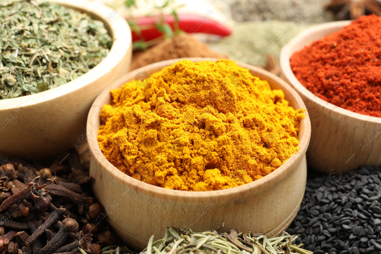 Many different spices on table, closeup view Photo of Many different spices on table, closeup view