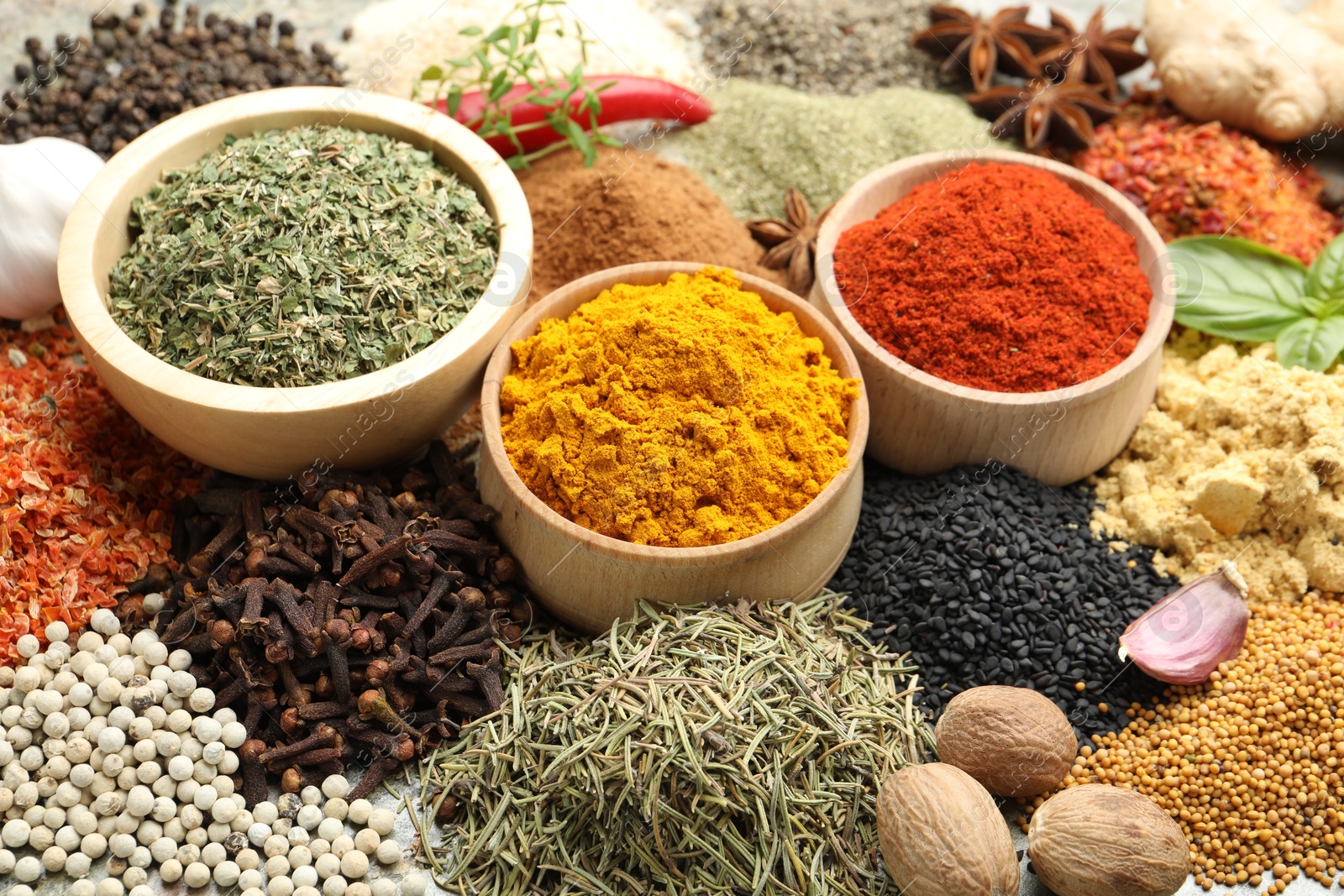 Many different spices on table, above view Photo of Many different spices on table, above view
