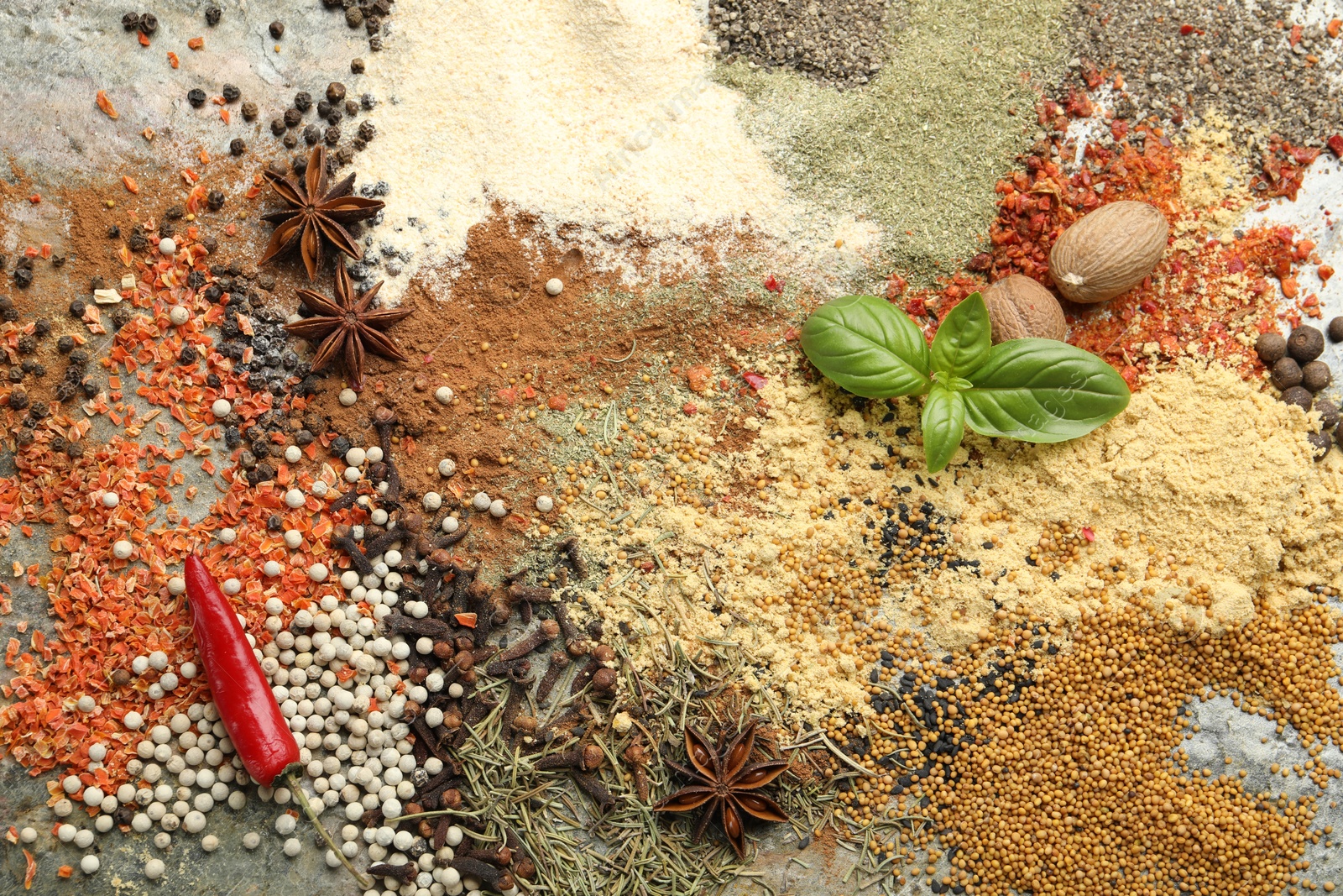 Many different spices on grey table, flat lay Photo of Many different spices on grey table, flat lay