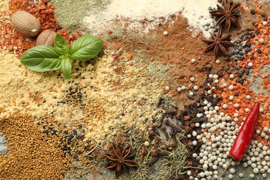 Photo of Many different spices as background, top view