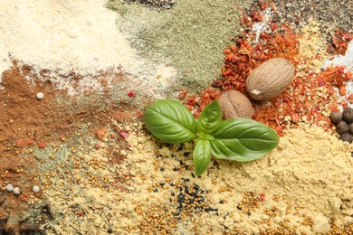 Photo of Many different spices as background, top view