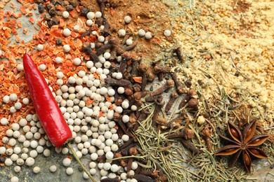Photo of Many different spices as background, top view