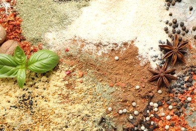 Photo of Many different spices as background, top view
