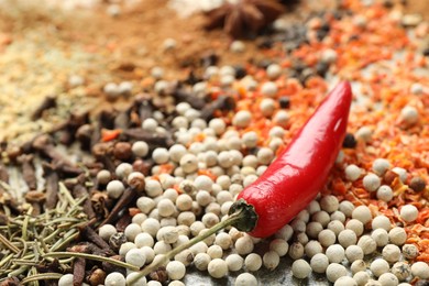 Photo of Many different spices as background, closeup view
