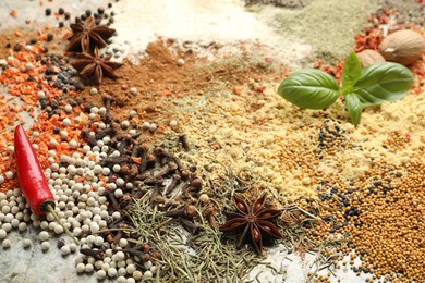 Photo of Many different spices on grey table, above view
