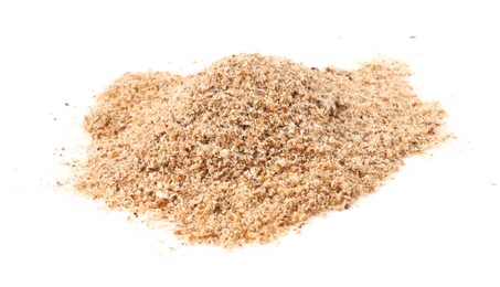 Photo of Pile of nutmeg powder isolated on white