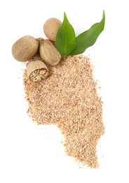 Photo of Whole, cut nutmegs, powder and leaves isolated on white, top view