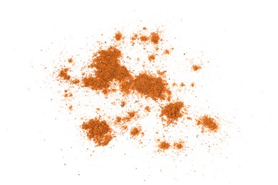 Photo of Piles of nutmeg powder isolated on white
