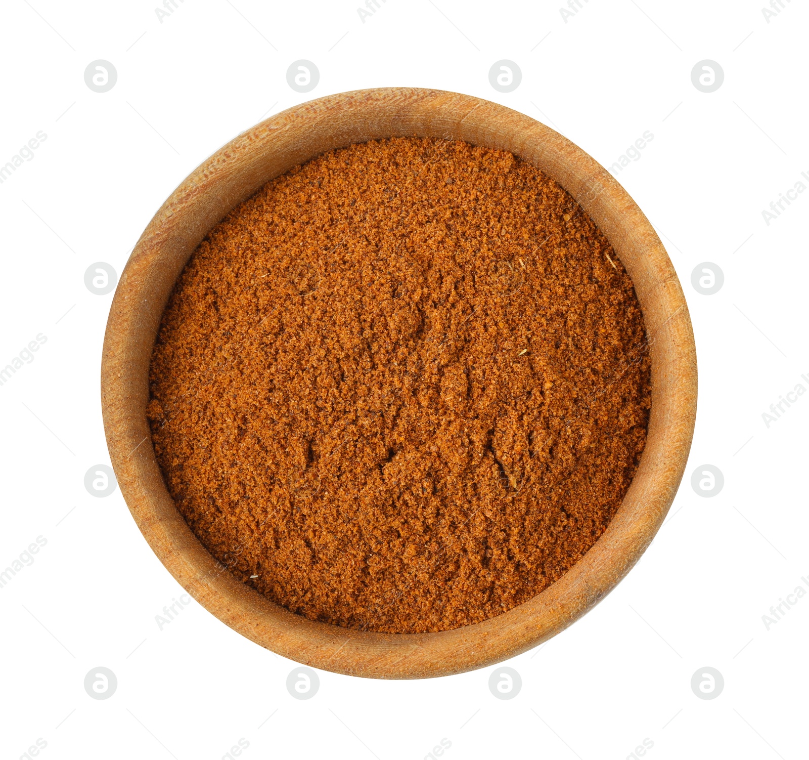 Nutmeg powder in bowl isolated on white, top view Photo of Nutmeg powder in bowl isolated on white, top view