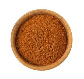 Photo of Nutmeg powder in bowl isolated on white, top view
