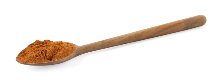 Photo of Nutmeg powder in spoon isolated on white