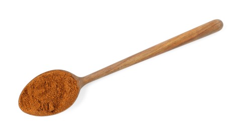 Photo of Nutmeg powder in spoon isolated on white, top view