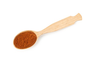 Photo of Nutmeg powder in spoon isolated on white, top view
