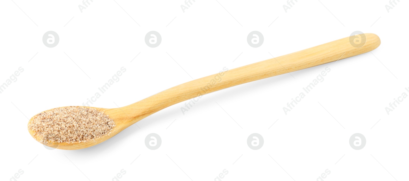 Nutmeg powder in spoon isolated on white Photo of Nutmeg powder in spoon isolated on white