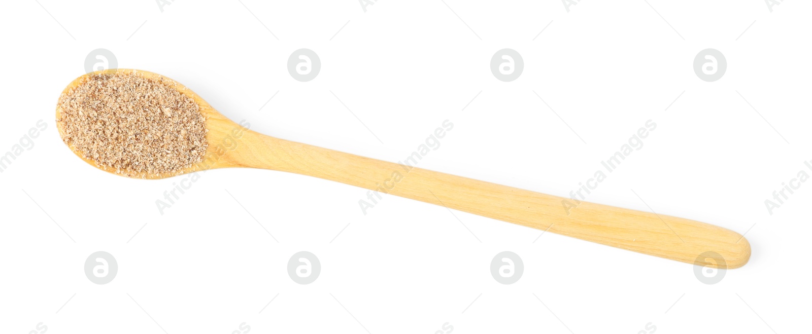 Nutmeg powder in spoon isolated on white, top view Photo of Nutmeg powder in spoon isolated on white, top view