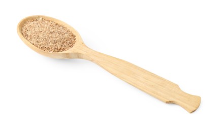 Photo of Nutmeg powder in spoon isolated on white