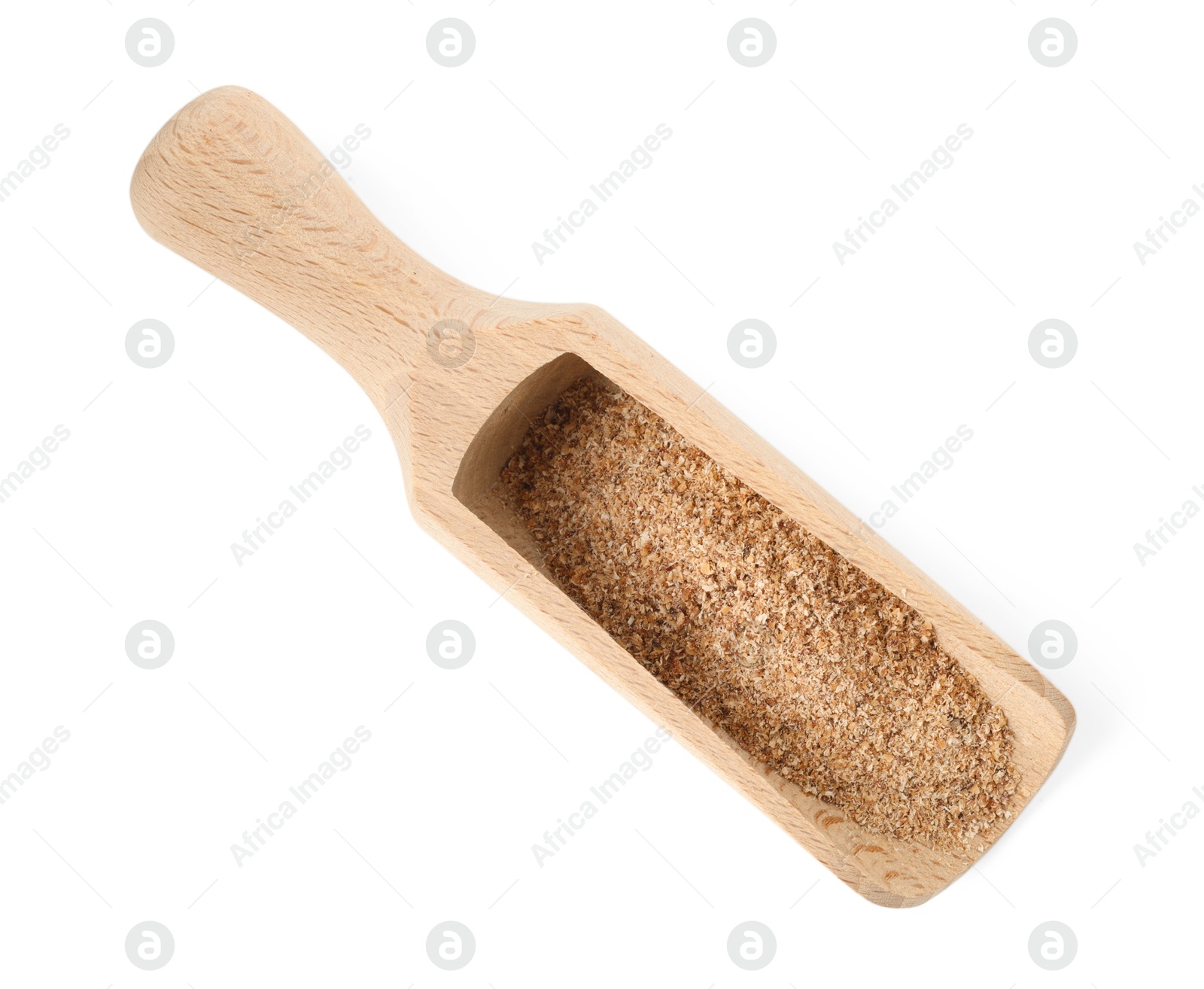 Nutmeg powder in scoop isolated on white, top view Photo of Nutmeg powder in scoop isolated on white, top view