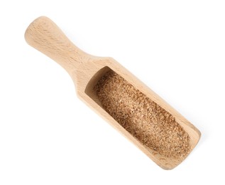 Photo of Nutmeg powder in scoop isolated on white, top view