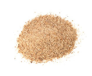 Photo of Pile of nutmeg powder isolated on white, above view