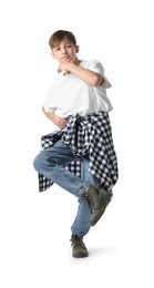 Photo of Boy in stylish clothes dancing on white background