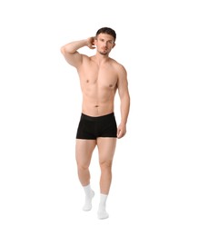 Photo of Young man in stylish black underwear on white background