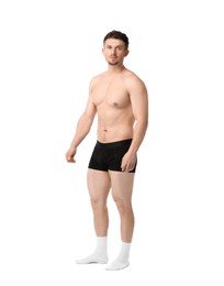 Photo of Young man in stylish black underwear on white background