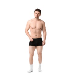 Photo of Young man in stylish black underwear on white background