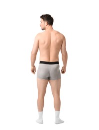 Photo of Young man in stylish light grey underwear on white background, back view