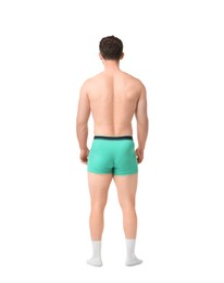 Photo of Young man in stylish turquoise underwear on white background, back view