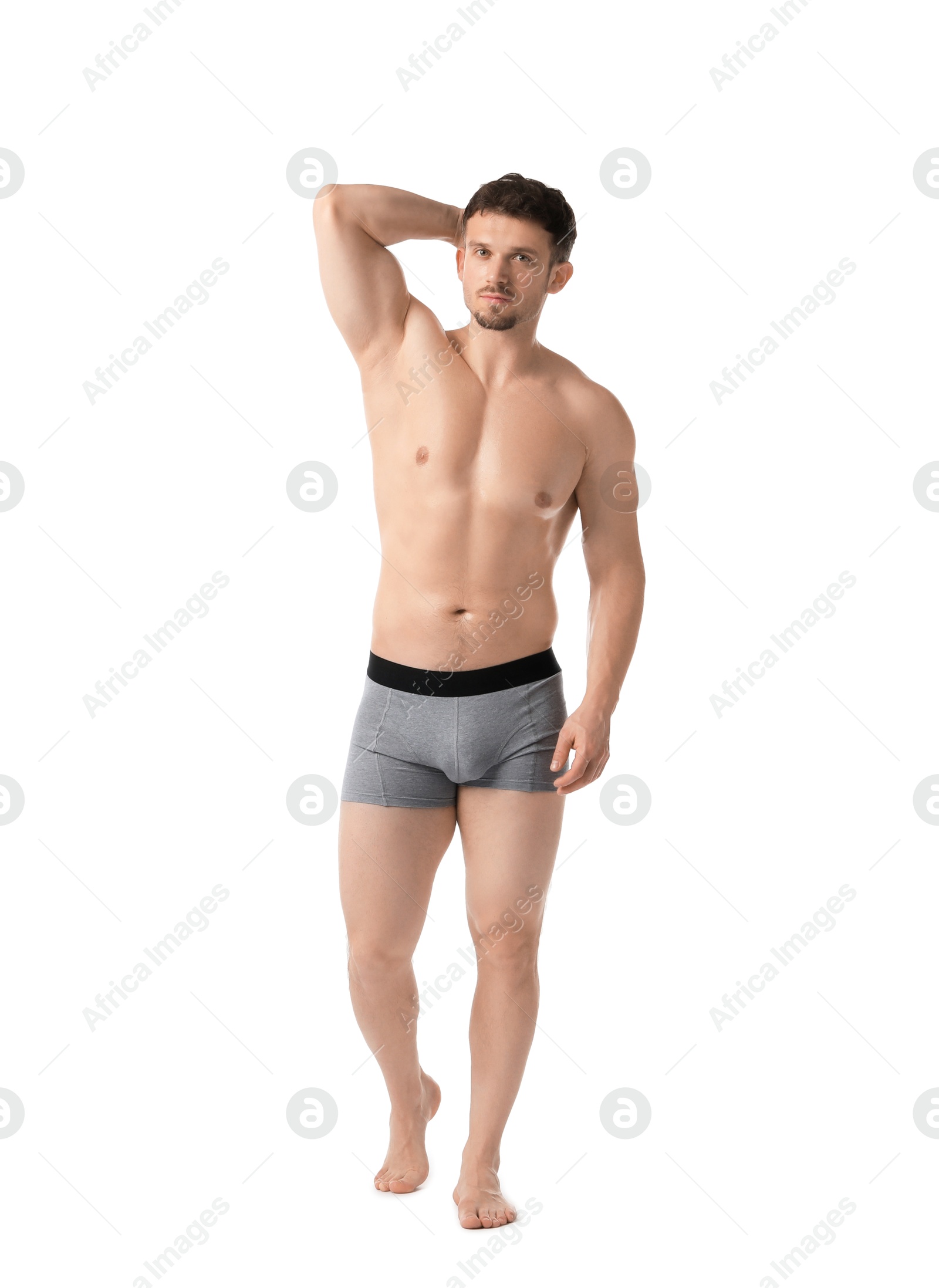 Young man in stylish light grey underwear on white background Photo of Young man in stylish light grey underwear on white background