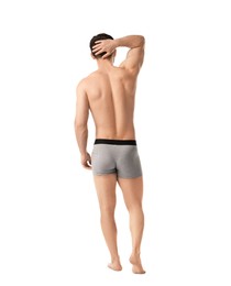 Photo of Young man in stylish light grey underwear on white background, back view