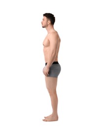 Photo of Young man in stylish light grey underwear on white background