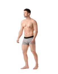 Photo of Young man in stylish light grey underwear on white background